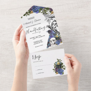 Invitation Tout En Un Corbeau foncé violet Roses à la main