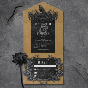 Invitation Tout En Un Corbeau noir gothique et Rose noir Or Pas de dîner