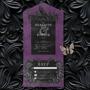 Invitation Tout En Un Corbeau noir gothique et Rose noir pourpre Pas de
