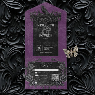 Invitation Tout En Un Corbeau noir gothique et Rose noir violet QR Code