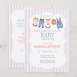 Invitation Tout en un Corde à Linge de Baby Shower ROUGE BLAN