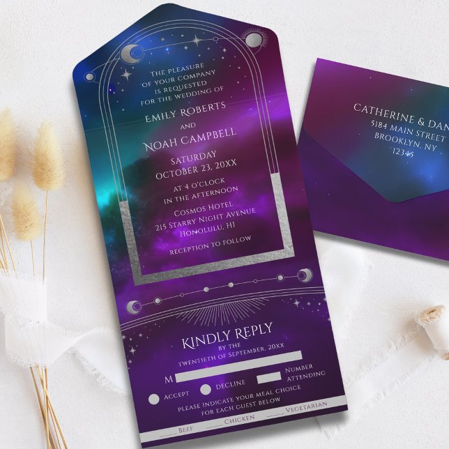 Invitation Tout En Un Cosmologique violet Turquoise argent Mariage de lu (Créateur téléchargé)