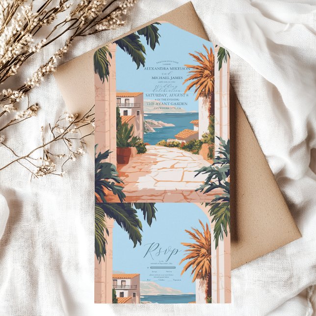 Invitation Tout En Un Côte d'Amalfi | Mariage Carreaux méditerranéens (Créateur téléchargé)