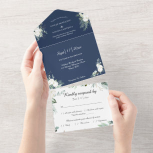 Invitation Tout En Un Coton d'Eucalyptus   Marine Moderne White RSVP