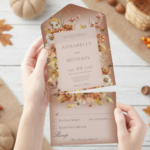 Invitation Tout En Un Cottage rustique Coeur automne rouille Fleur sauva
