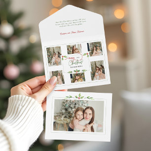 Invitation Tout En Un Couleur d'eau douce Holly Joyeux Noël Multi Photo