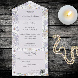 Invitation Tout En Un Country Garden Fumé bleu floral avec code QR