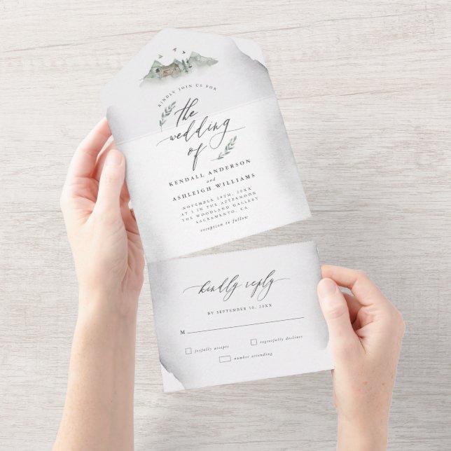 Invitation Tout En Un Country Grey Feuille d'aquarelle et Mariage de mon (Déchirure)