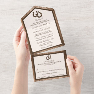 Invitation Tout En Un Country Rustic Horseshoe & Brown Wood Mariage
