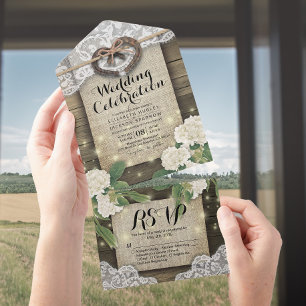 Invitation Tout En Un Couple Horseshoe Dentelle Bois Hydrangea Mariage R