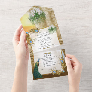 Invitation Tout En Un Courir de l'or et Peacock tout en un mariage Invit