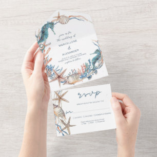 Invitation Tout En Un Couronne de mer   Hippocampe et coquillages de pla
