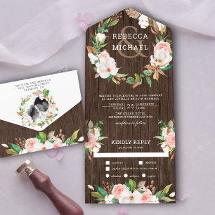 Invitation Tout En Un Couronne florale en bois de mariage rose blush Mag