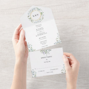 Invitation Tout En Un Couronne végétale de fleurs à monogramme doré pour
