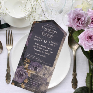 Invitation Tout En Un Courriel à accent de rose violet foncé floral or