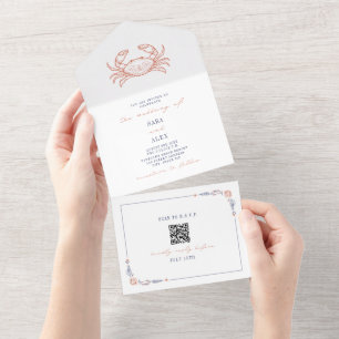 Invitation Tout En Un Crab Rustic Beach Wedding Rouge & Bleu QR Code RSV