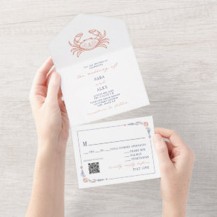 Invitation Tout En Un Crabe vintage rouge et bleu RSVP Beach QR Mariage