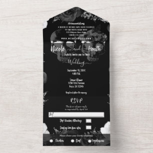 Invitation Tout En Un Crâne de squelette noir et blanc mariage gothique