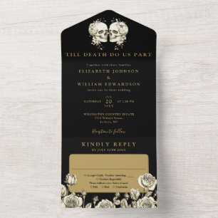 Invitation Tout En Un Crânes Floraux Mariage Gothique Noir et Or