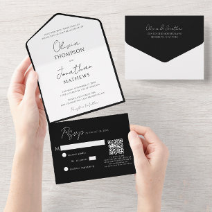 Invitation Tout En Un Cravate noire simple blanc Script QR Code Mariage