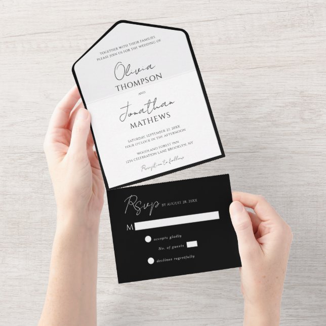 Invitation Tout En Un Cravate noire simple Mariage de script blanc (Déchirure)