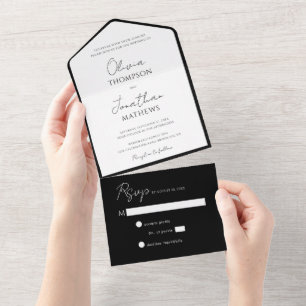 Invitation Tout En Un Cravate noire simple Mariage de script blanc