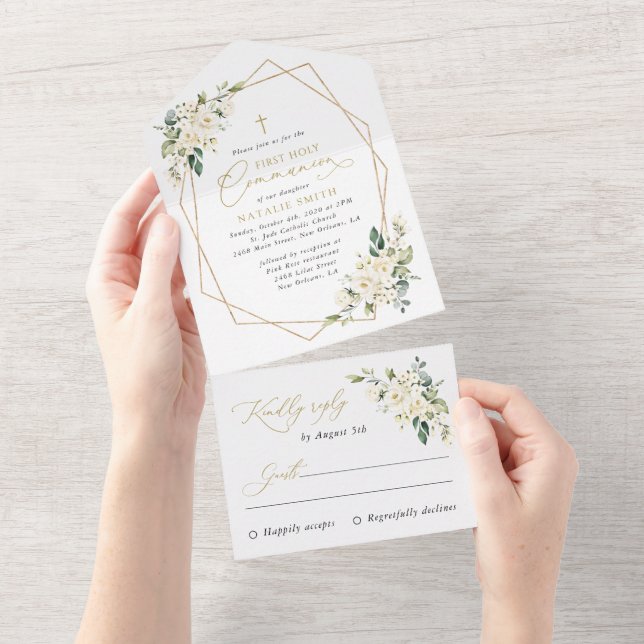 Invitation Tout En Un Cream White Flowers, Boho, First Holy Communion (Déchirure)