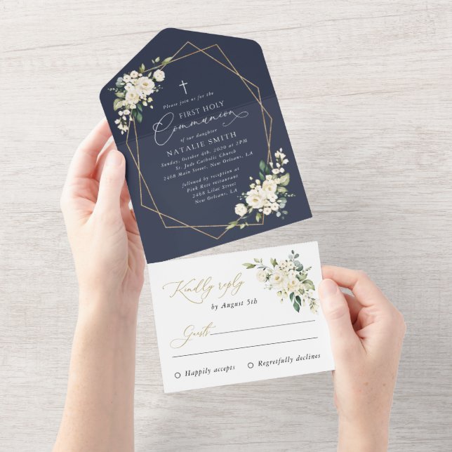 Invitation Tout En Un Cream White Flowers, Boho, First Holy Communion (Déchirure)