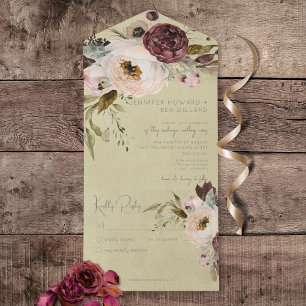Invitation Tout En Un Crème de Bourgogne rose Vintage pivoines Sage Pas 