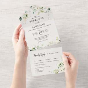 Invitation Tout En Un Crème d'ivoire blanc Rose Floral Mariage botanique