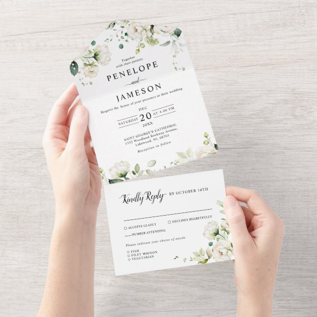 Invitation Tout En Un Crème d'ivoire blanc Rose Mariage botanique floral (Déchirure)