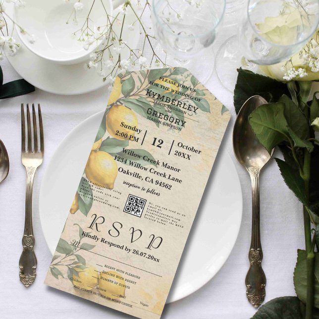 Invitation Tout En Un Crème jaune citron vert botanique QR Code (Créateur téléchargé)