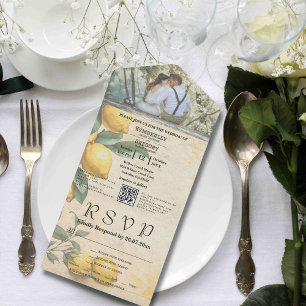 Invitation Tout En Un Crème jaune citron vert botanique QR Code