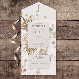 Invitation Tout En Un Crème Monogramme Fleur sauvage Rustique Pas de dîn