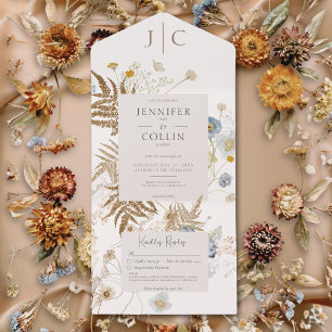 Invitation Tout En Un Crème Monogramme Fleur sauvage Rustique Pas de dîn