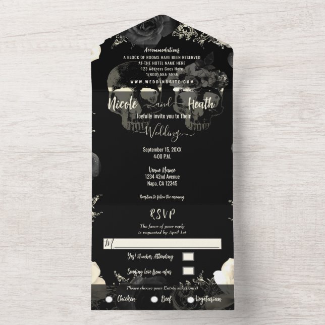 Invitation Tout En Un Crème noire Gris Squelette Crâne Mariage gothique (À l'intérieur)