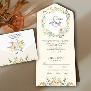 Invitation Tout En Un Crème rustique Aquarelle douce Pêcher Mariage flor