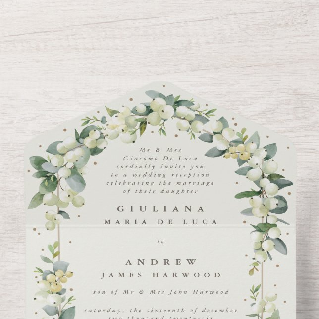 Invitation Tout En Un Crème Snowberry+Eucalyptus Réception de mariage un (À l'intérieur du haut)