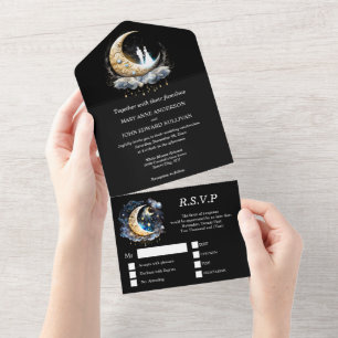 Invitation Tout En Un Crescent lune mariée couple silhouette céleste