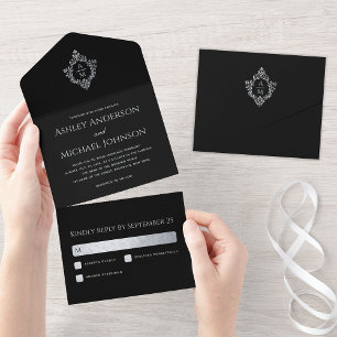 Invitation Tout En Un Crest Black Mariage Vintage Monogramme et RSVP