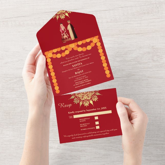 Invitation Tout En Un Crimson Elegance Moderne Rouge & Or Mariage indien (Déchirure)