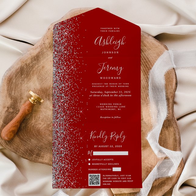 Invitation Tout En Un Crimson Red Silver Glitter QR Code Wedding (Créateur téléchargé)