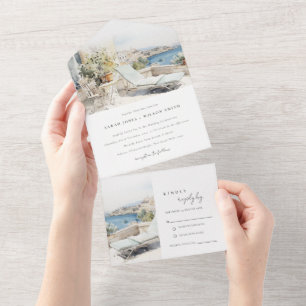 Invitation Tout En Un Curfu Grèce Mariage de paysage aquarelle