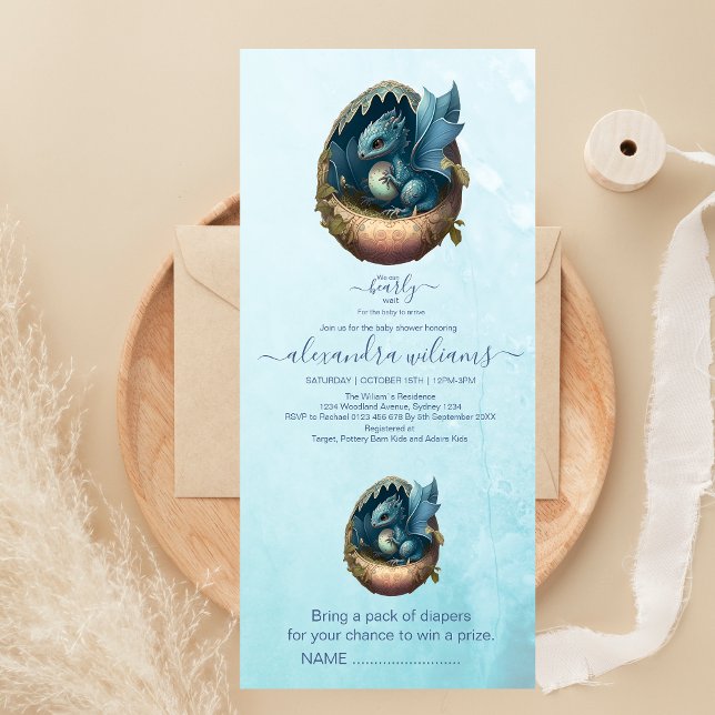 Invitation Tout En Un Cute Aquarelle Baby shower Dragon Bleu (Créateur téléchargé)