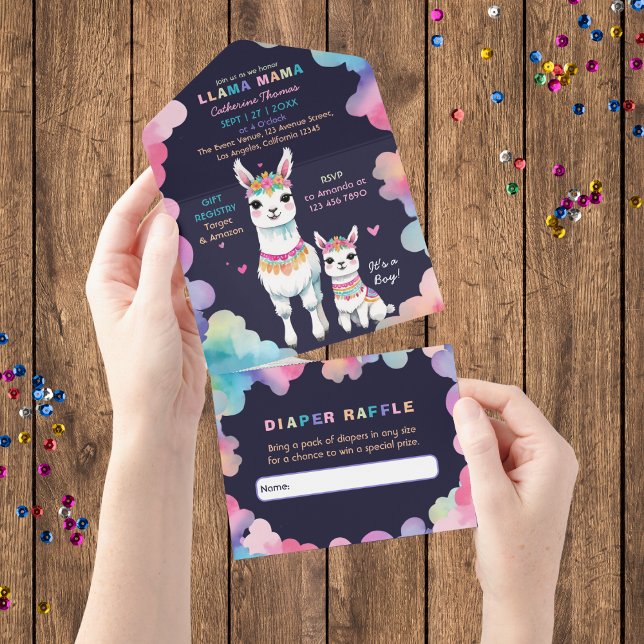 Invitation Tout En Un Cute aquarelle Llama Mama Baby shower mexicain (Créateur téléchargé)