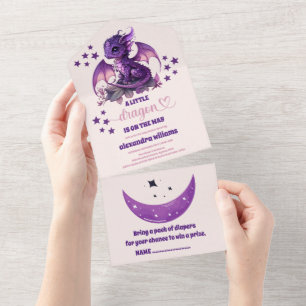 Invitation Tout En Un Cute aquarelle violet Baby shower Dragon