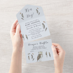 Invitation Tout En Un Cute Baby Owl Oiseaux Plumes Bohème Aquarelle