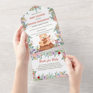 Invitation Tout En Un Cute Bear jouer guitare flore baby shower aquarell