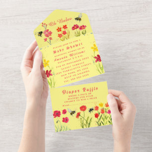 Invitation Tout En Un Cute Bumble Bee Floral Aquarelle Baby shower Tout