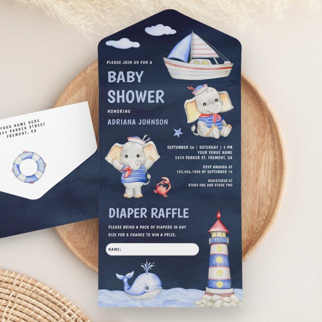 Invitation Tout En Un Cute Elephant Nautique Bateau Baby shower bleu mar (Créateur téléchargé)